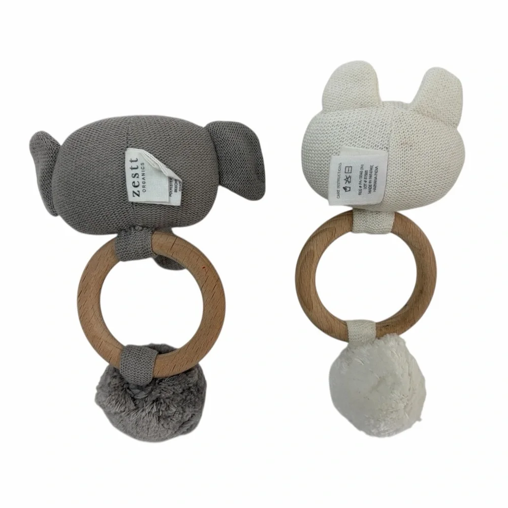 Zestt Organics Teether Rattle Baby Infant Lot 2 Gray Elephant White Bear RARE